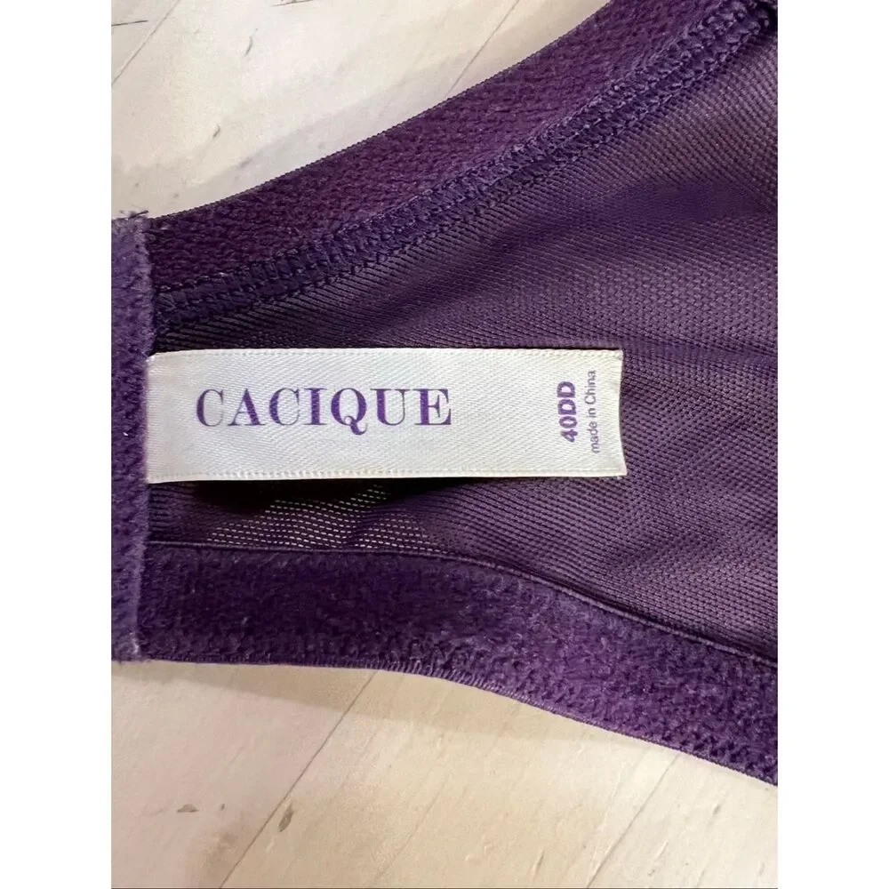 Cacique Purple Lace Sheer Balconette Bra Plus Size 40DD Underwire Embroidered
